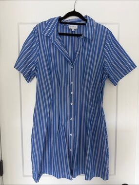 Evereve Blue and White Vertical Stripe Button-Up Shirt Dress